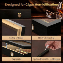 Cigar Humidor Solid Wood with Glass Top, 30 Cigar Capacity Storage Box with Hygrometer Humidifier for Home Decor HASHTAG