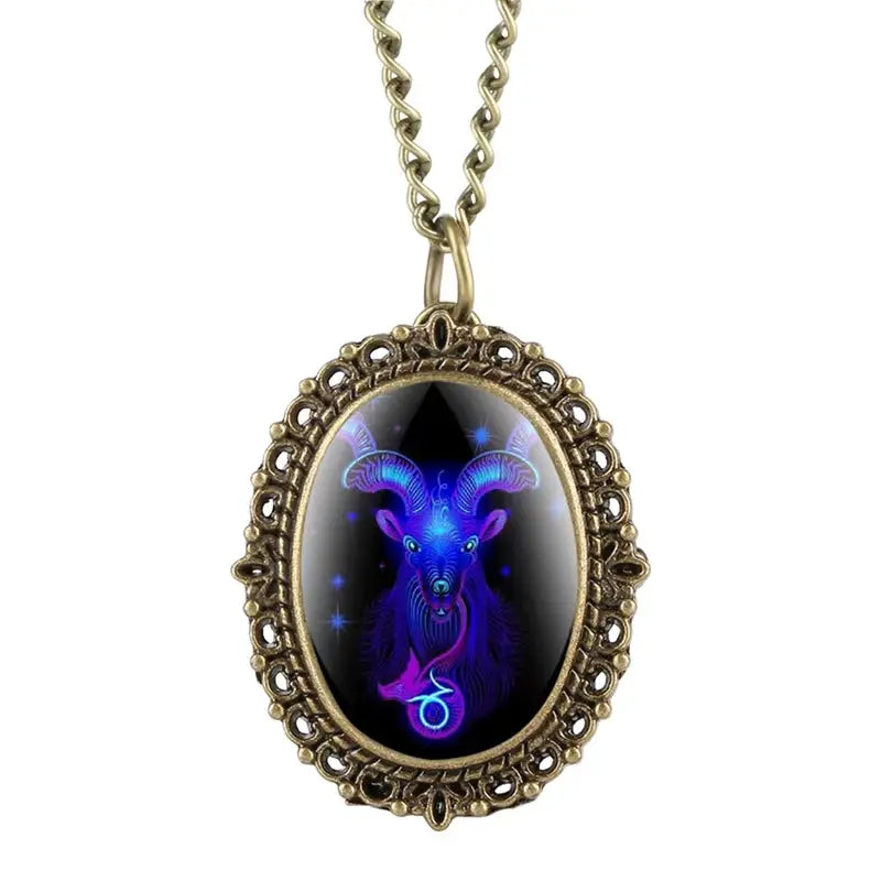 New 12 Constellation Astrology Oval Pocket Watch Unique Fluorescent Blue Zodiac Necklace Pendant Quartz Birthday Gift for Friend
