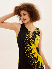 Sunflower Print Keyhole Dress, Casual Crew Neck Sleeveless Maxi Dress With Pocket, Women's Clothing For Elegant Dressing HASHTAG