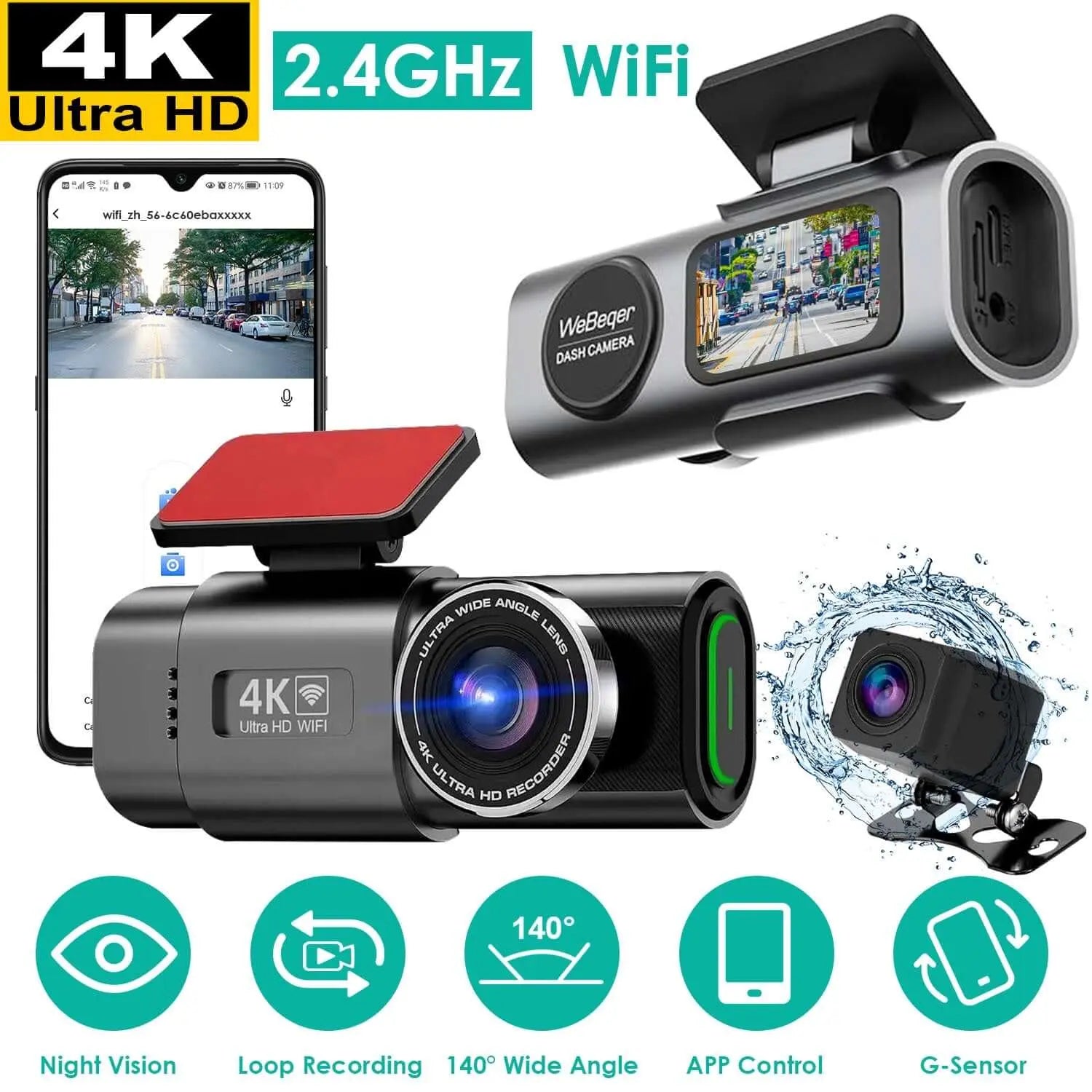 1Pc 4K 1080P Car Dash Cam 2.4GHz WiFi Car Camera Mini Driving Recorder With 140 Degree Wide Angle APP Control Night Vision G-sensor Loop Recording