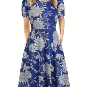 Elegant Retro A-line Dress, Short Sleeve Casual Dress For Spring & Summer, Women's Clothing HASHTAG