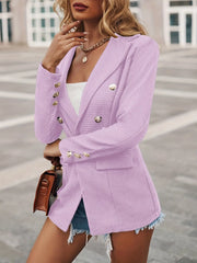 Lapel Double Breasted Blazer, Elegant Long Sleeve Work Office Outerwear With Pockets, Women's Clothing HASHTAG