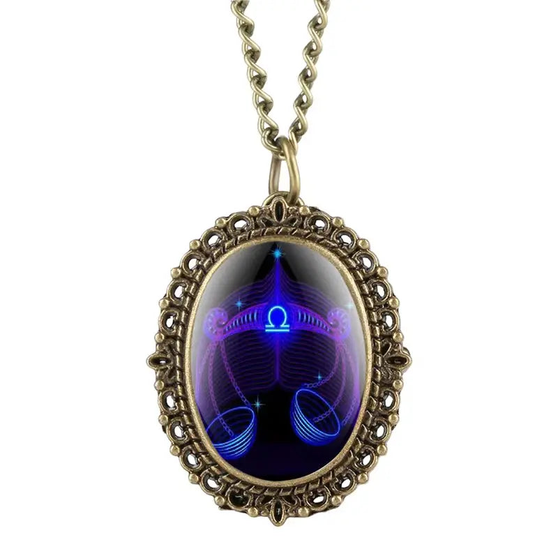 New 12 Constellation Astrology Oval Pocket Watch Unique Fluorescent Blue Zodiac Necklace Pendant Quartz Birthday Gift for Friend