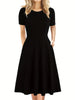 Elegant Retro A-line Dress, Short Sleeve Casual Dress For Spring & Summer, Women's Clothing HASHTAG