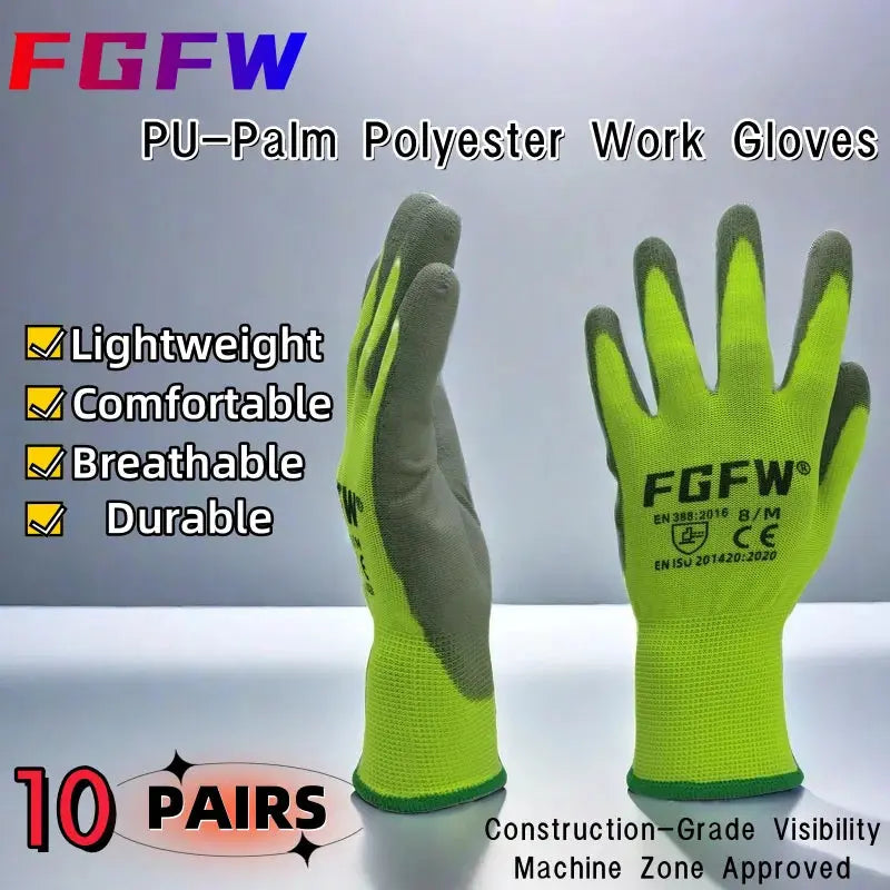 10 Pairs PU Coated Work Gloves - Lightweight, Durable Safety Gloves EN 388/ISO20471 Certified, Sizes S/M/L/XL - HASHTAG