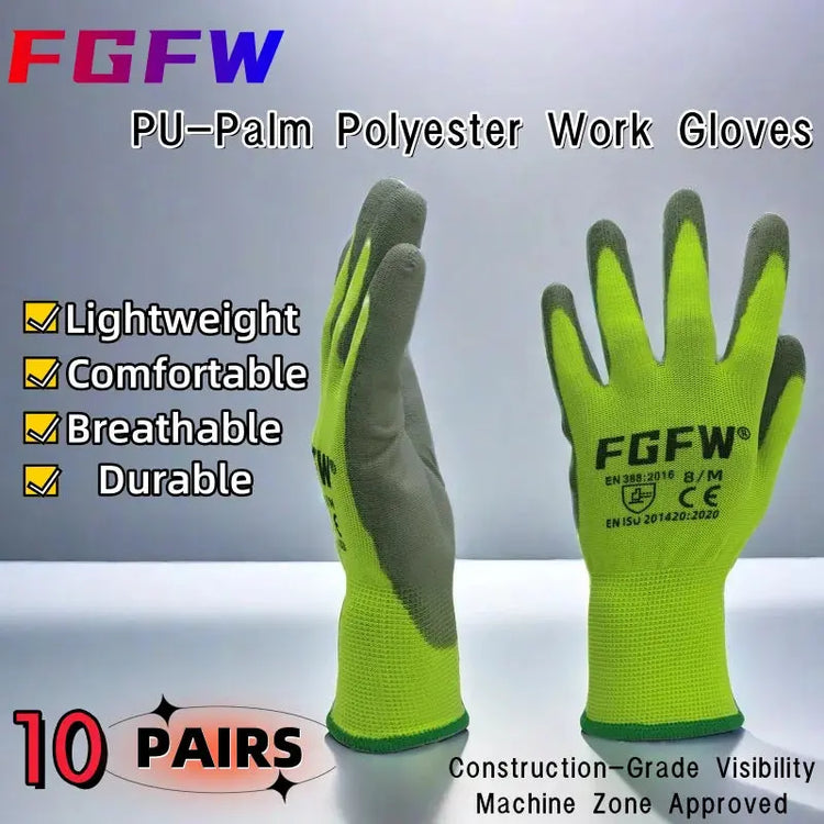 10 Pairs PU Coated Work Gloves - Lightweight, Durable Safety Gloves EN 388/ISO20471 Certified, Sizes S/M/L/XL - HASHTAG