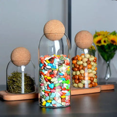 Glass storage jar with wooden lid, kitchen glass jars with lid, glass bottle container, cereal container HASHTAG