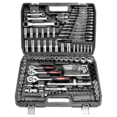 Professional 151-Piece Mechanics Tool Set 1/4\" 3/8\" 1/2\" Drive 24 Tooth Ratchet Socket Wrench Universal Metric CR-V Auto OEM HASHTAG