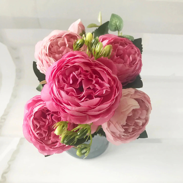 Silk Peony Artificial Flowers Bouquet 5 Big Head 30cm Rose Pink Liebe - Making Life Easier