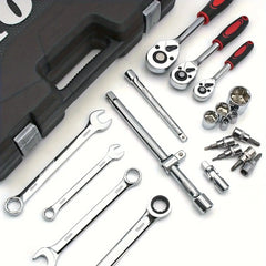 Professional 151-Piece Mechanics Tool Set 1/4\" 3/8\" 1/2\" Drive 24 Tooth Ratchet Socket Wrench Universal Metric CR-V Auto OEM HASHTAG