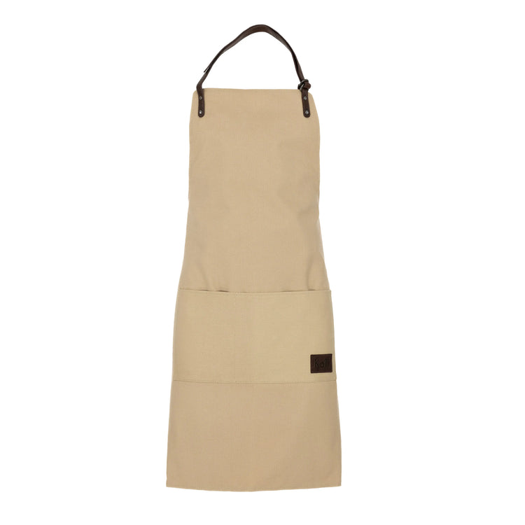 K0015GB | Canvas/ Genuine full-grain leather, ruffled Work Apron. Rope/Brownhead color. Nickel Antique Accessories. Dimensions: 70 x 90 x 0.5 cm. Packaging: Polybag-0