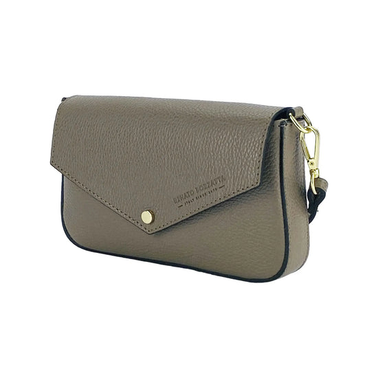 RB1023AQ | Small Shoulder Bag with Removable Chain Strap in Genuine Leather Made in Italy. Flap Closure. Shiny Gold metal hardware - Taupe color - Dimensions: 22 x 12 x 3 cm.-0