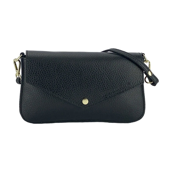 RB1023A | Small Shoulder Bag with Removable Chain Strap in Genuine Leather Made in Italy. Flap Closure. Shiny Gold metal hardware - Black color - Dimensions: 22 x 12 x 3 cm.-1