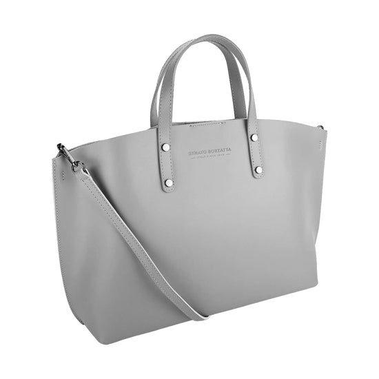 RB1024F  | Borsa Donna a Mano in Vera Pelle Made in Italy con tracolla removibile. Sacca grande interna estraibile. Accessori Canna di Fucile Lucido - Colore Grigio - Dimensioni: cm 48x31x11-0