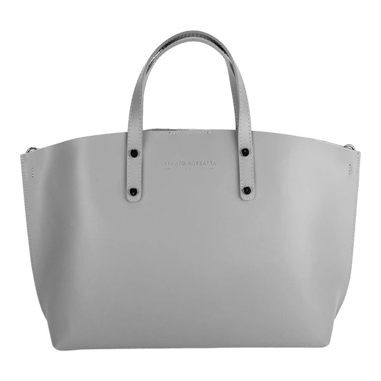 RB1024F  | Borsa Donna a Mano in Vera Pelle Made in Italy con tracolla removibile. Sacca grande interna estraibile. Accessori Canna di Fucile Lucido - Colore Grigio - Dimensioni: cm 48x31x11-1