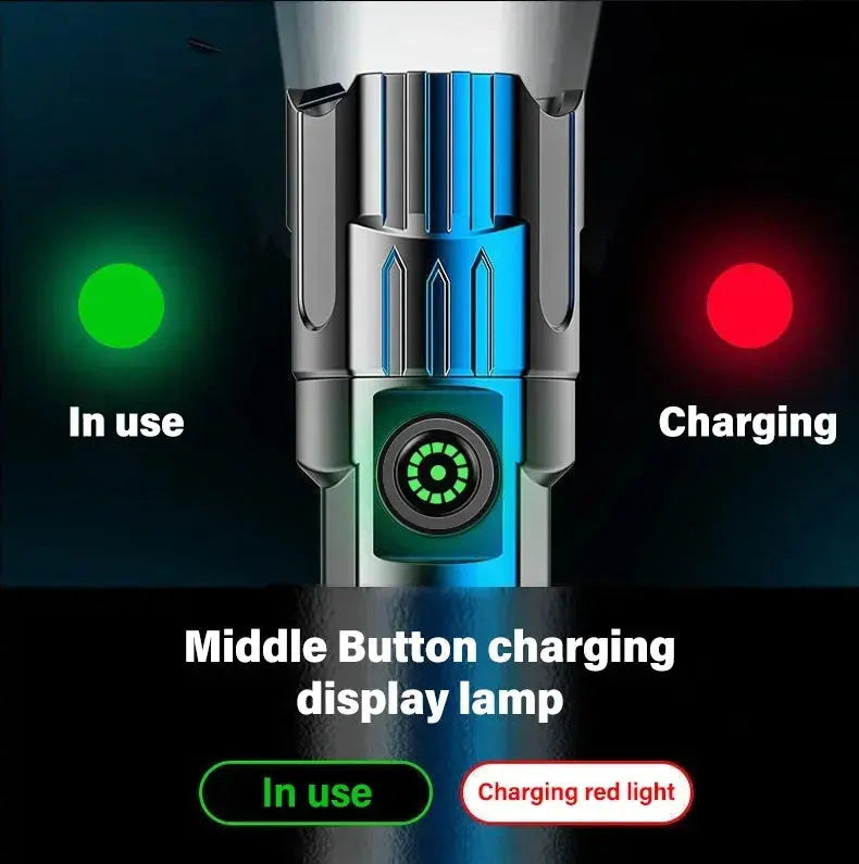 Torce a LED ad alta potenza Torcia tattica da 2000LM con luce display Ricarica USB Lanterna con zoom di emergenza per pesca da campeggio - My Hashtag Shop