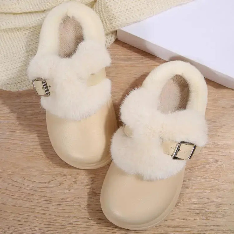 Thick Bottom Furry Clogs Women 2025 Winter Metal Buckle Waterproof Eva Plush Slippers Liebe - Making Life Easier