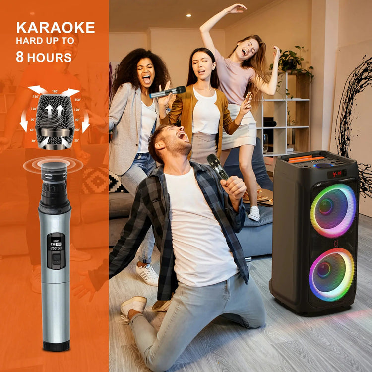 Macchina T9Karaoke con 2 microfoni wireless, altoparlante Bluetooth portatile per adulti e bambini, sistema PA per grandi feste con luci da discoteca - My Hashtag Shop