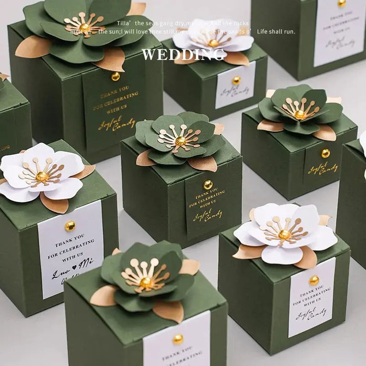 Wedding Candy Box Green Creative Flower Square Exquisite Personalized. - HASHTAG