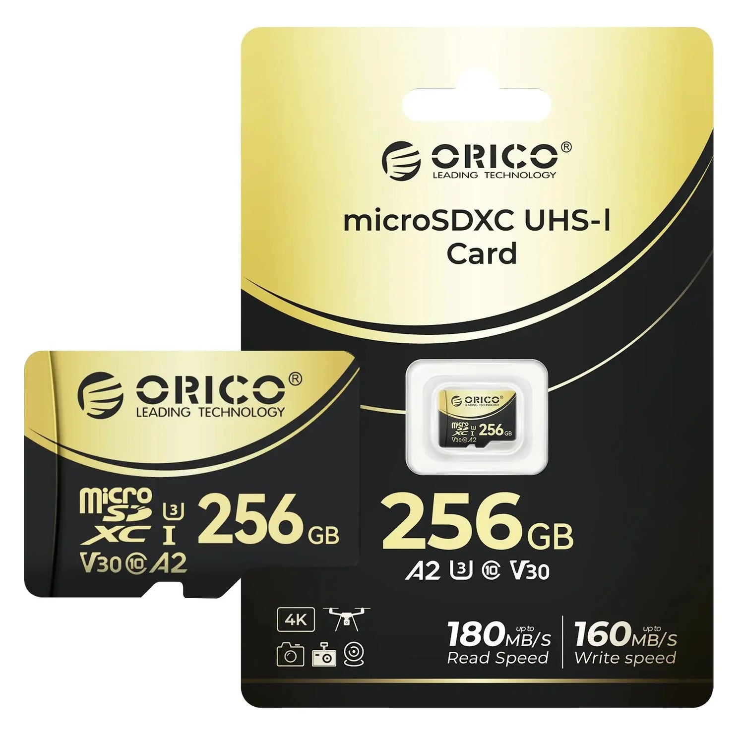 Scheda di memoria ORICO V3 MicroSDXC UHS-I da 256 GB, lettura 180 MB/s 160 MB/s, codifica 4K UHD, U3, Classe 10, V30, A2, Micro SD per drone - My Hashtag Shop