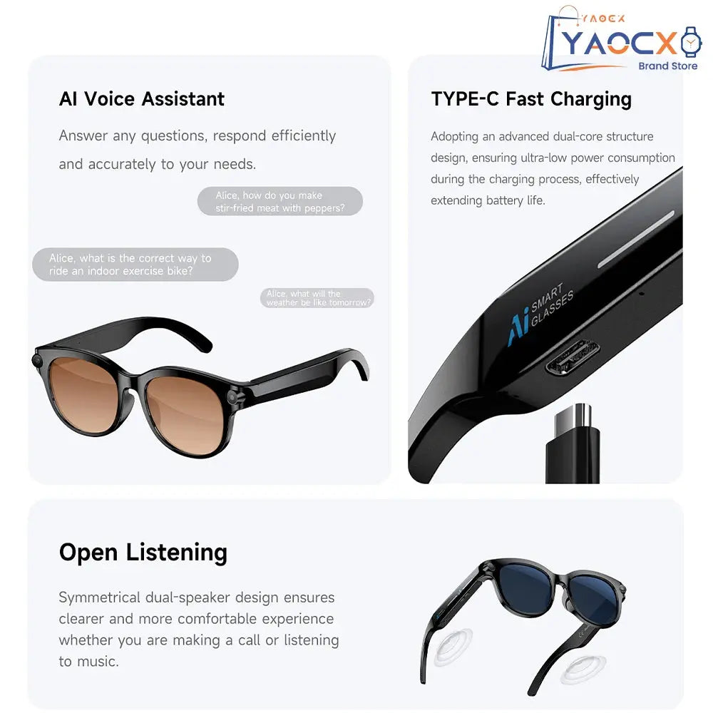 Occhiali Smart AI 2026 per Uomo e Donna, Fotocamera HD 200W, Video 1080P, Assistente Vocale AI, Traduzione, Riproduzione Musicale, Torcia LED HASHTAG