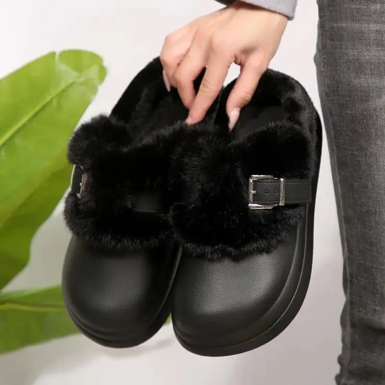 Thick Bottom Furry Clogs Women 2025 Winter Metal Buckle Waterproof Eva Plush Slippers Liebe - Making Life Easier