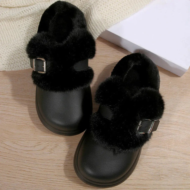 Thick Bottom Furry Clogs Women 2025 Winter Metal Buckle Waterproof Eva Plush Slippers Liebe - Making Life Easier