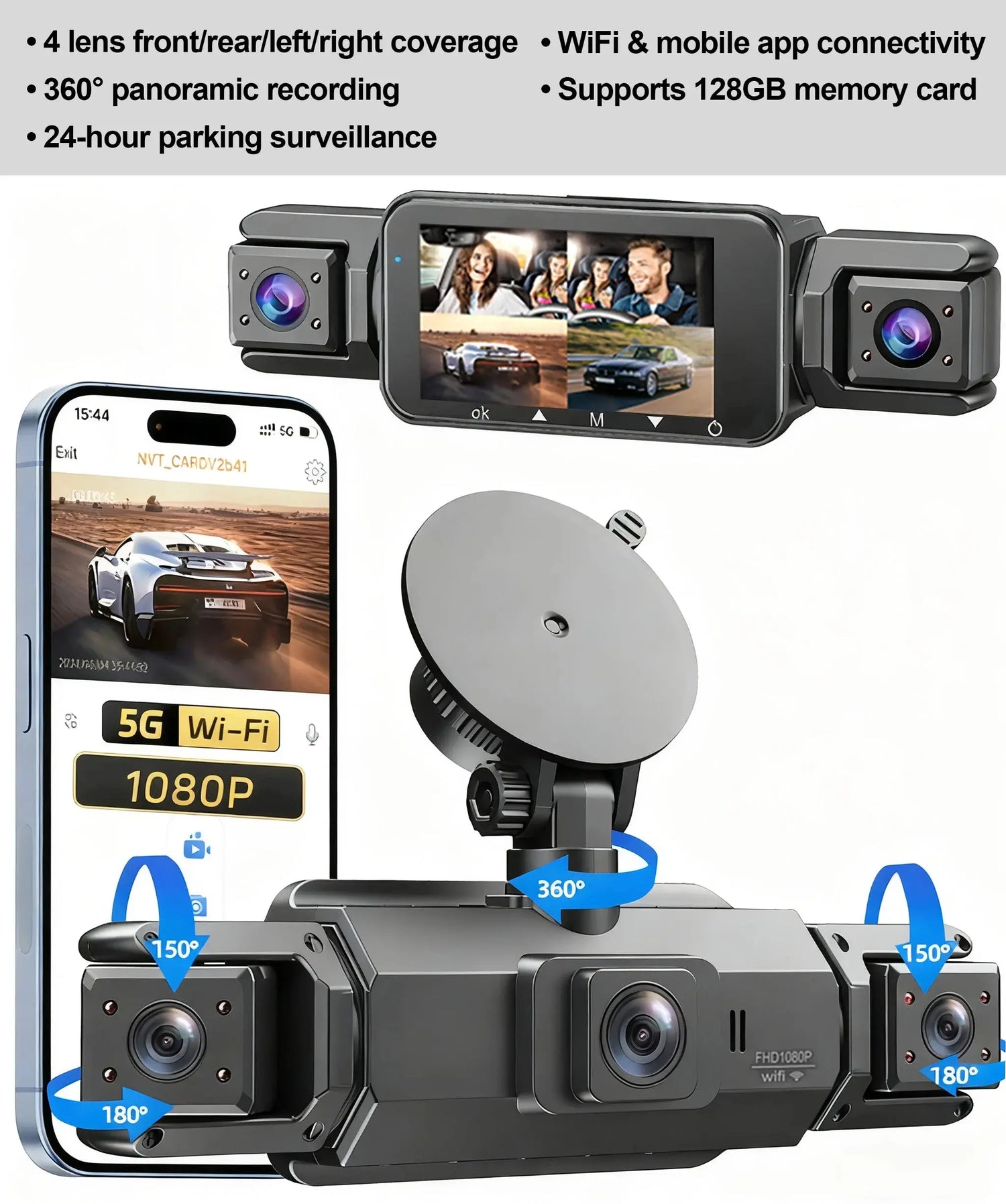 Dashcam 4 canali wifi car dvr cruscotto telecamere per auto way back box modalità parcheggio 24 ore anteriore e posteriore interno 360 dash cam - My Hashtag Shop