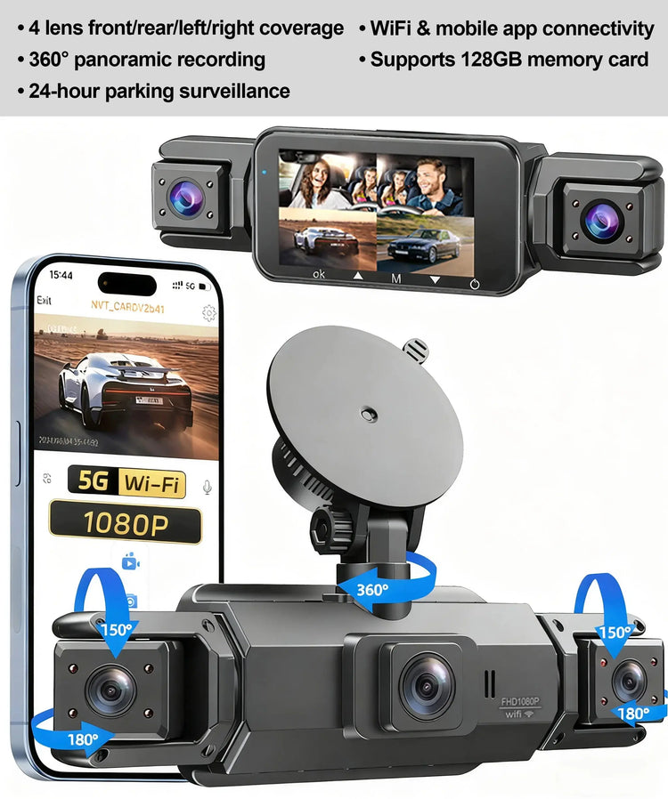 Dashcam 4 canali wifi car dvr cruscotto telecamere per auto way back box modalità parcheggio 24 ore anteriore e posteriore interno 360 dash cam - My Hashtag Shop