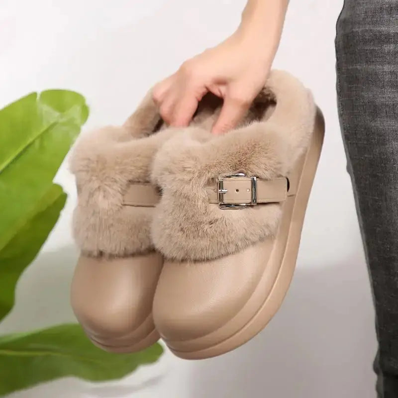 Thick Bottom Furry Clogs Women 2025 Winter Metal Buckle Waterproof Eva Plush Slippers Liebe - Making Life Easier