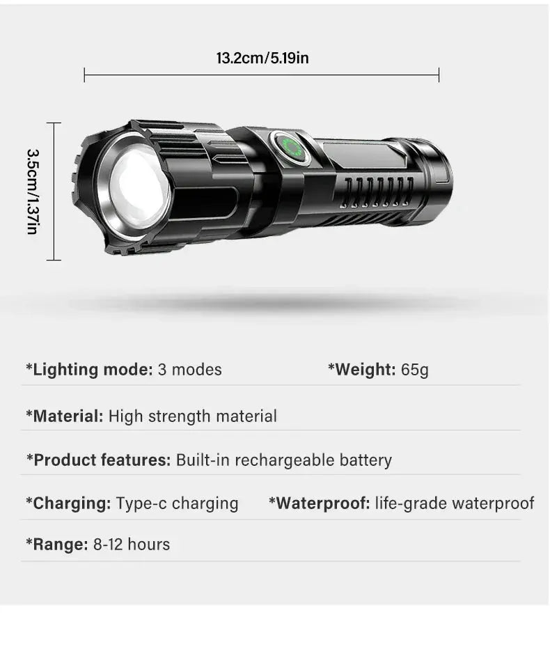 Torce a LED ad alta potenza Torcia tattica da 2000LM con luce display Ricarica USB Lanterna con zoom di emergenza per pesca da campeggio - My Hashtag Shop