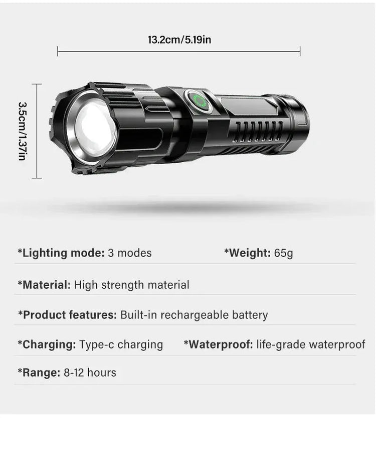 Torce a LED ad alta potenza Torcia tattica da 2000LM con luce display Ricarica USB Lanterna con zoom di emergenza per pesca da campeggio - My Hashtag Shop