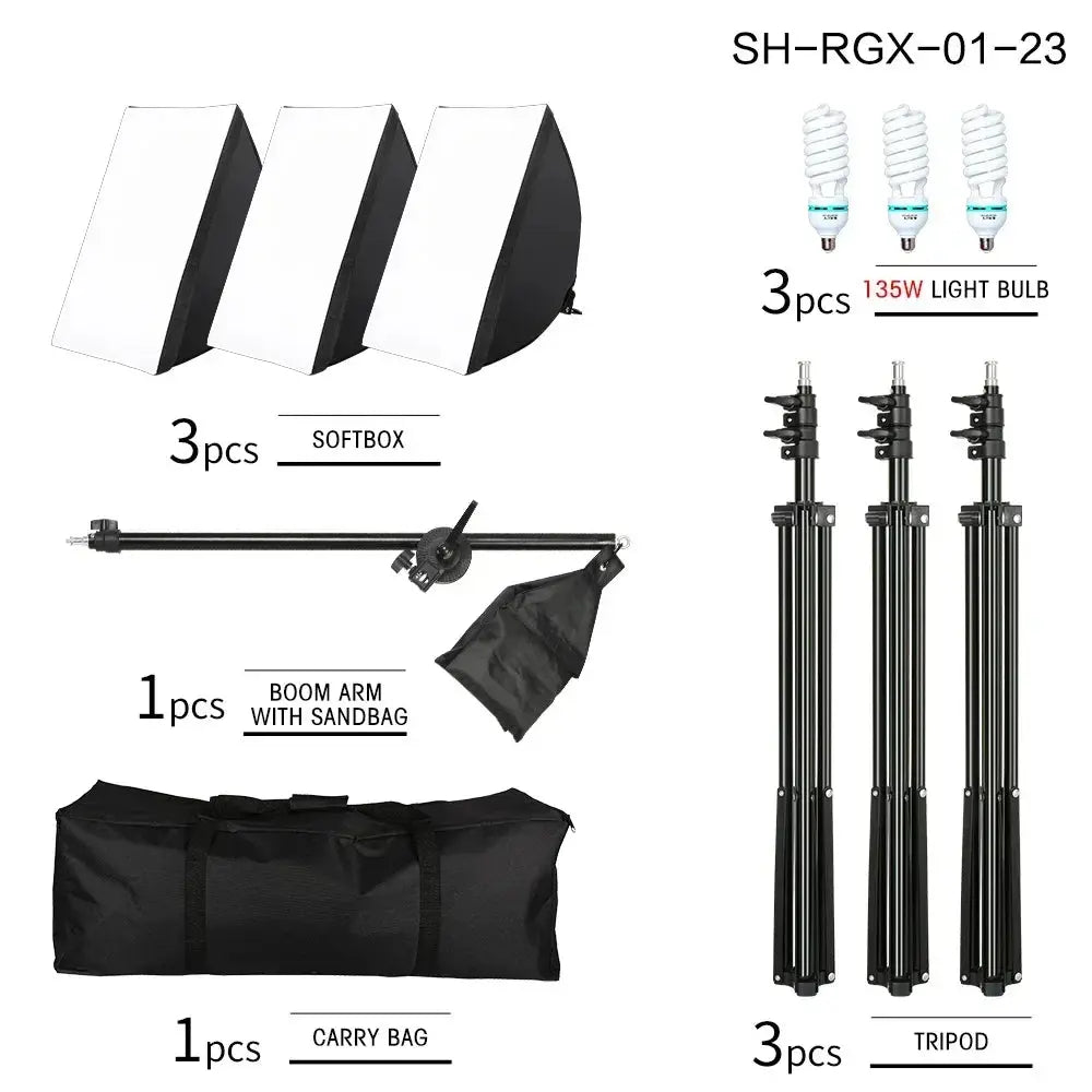 SH Kit di illuminazione Fotografia 50x70CM Softbox Sistema di illuminazione professionale con lampadine fotografiche E27 Attrezzatura per studio fotografico - My Hashtag Shop