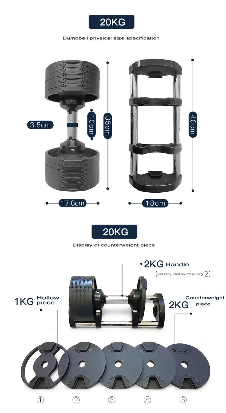 Set manubri rotondi regolabili, seconda generazione, aumento 2 kg, 24 kg, 36 kg, fitness, appena aggiornato - My Hashtag Shop
