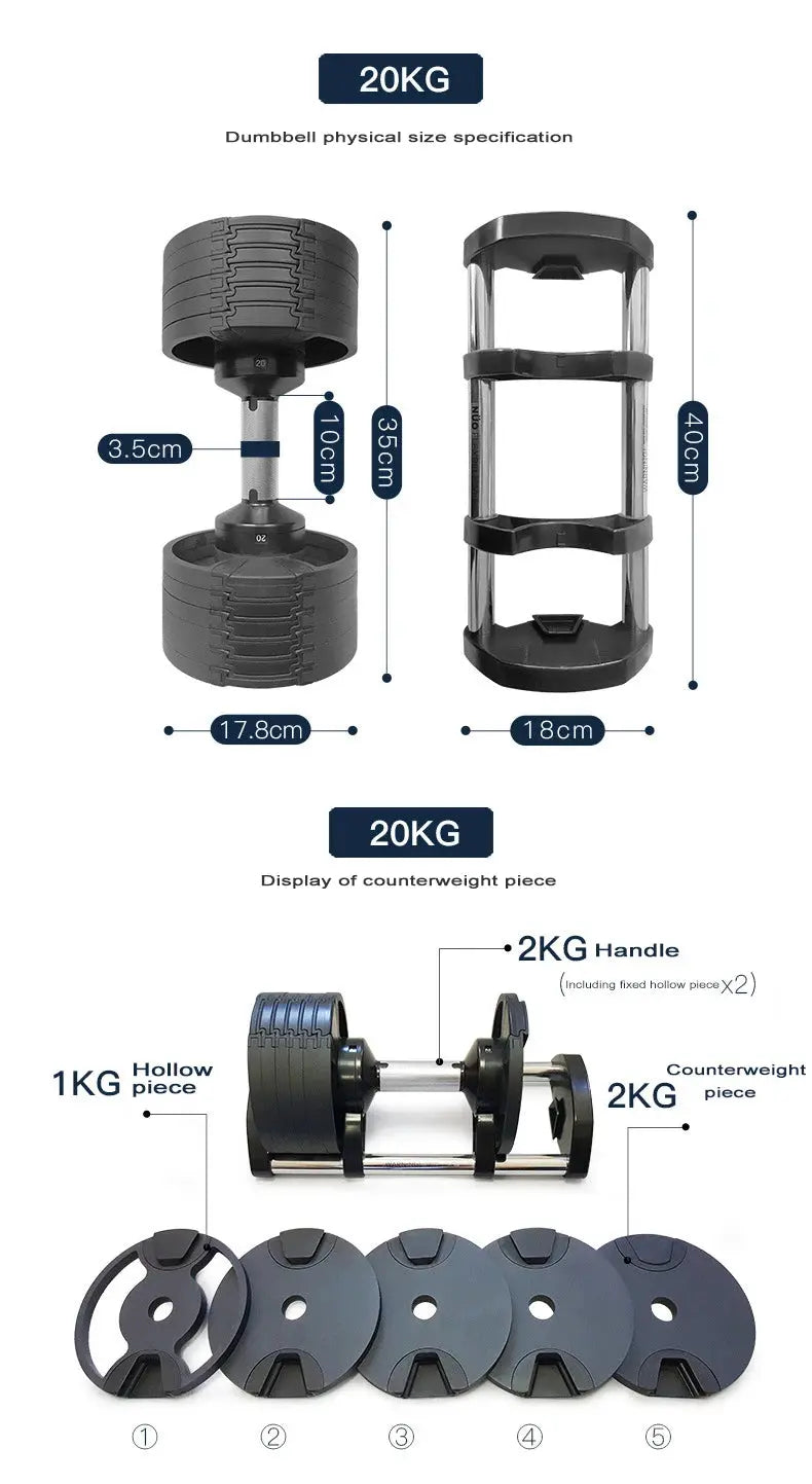 Set manubri rotondi regolabili, seconda generazione, aumento 2 kg, 24 kg, 36 kg, fitness, appena aggiornato - My Hashtag Shop