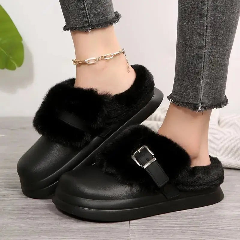 Thick Bottom Furry Clogs Women 2025 Winter Metal Buckle Waterproof Eva Plush Slippers Liebe - Making Life Easier