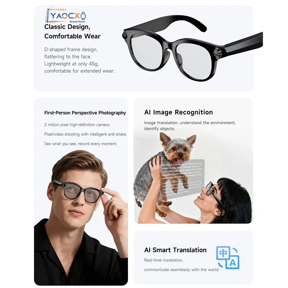 Occhiali Smart AI 2026 per Uomo e Donna, Fotocamera HD 200W, Video 1080P, Assistente Vocale AI, Traduzione, Riproduzione Musicale, Torcia LED HASHTAG
