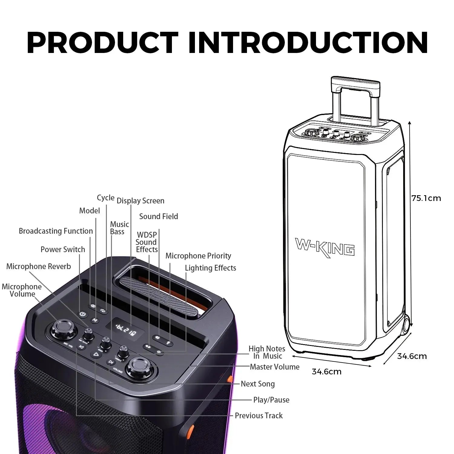 W-KING T12 Tragbare Bluetooth-sprecher-Box con suono MAX Pro da 370 W, Lichtshow, CSB, Bass Boost, Rollen e Teleskopgriff HASHTAG