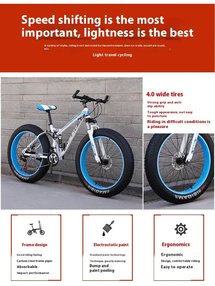 Mountain bike per adulti fuoristrada Beach4.0Pneumatico grande Doppia assorbimento degli urti Bicicletta a velocità variabile per studenti e studentesse - My Hashtag Shop