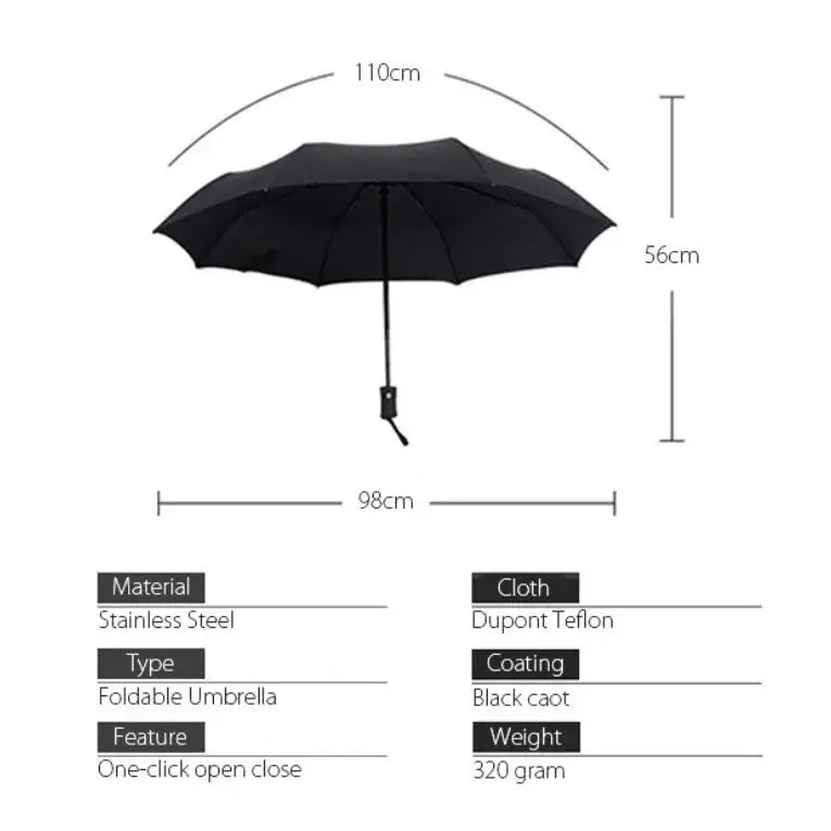 Ombrellone automatico per pioggia e sole Rivestimento nero Ombrellone Anti-UV 3 Pieghevole Resistente al vento Auto di lusso Grande antivento Donna Uomo 8 posti - My Hashtag Shop