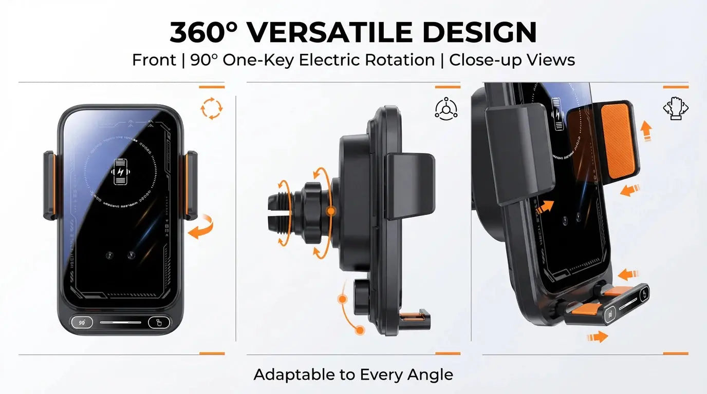 Caricatore per telefono per auto Supporto per telefono Caricatore wireless e cablato da 15 W Rilevamento automatico Rilascio e rotazione con un solo tocco Certificato Qi FCC ROHS - My Hashtag Shop