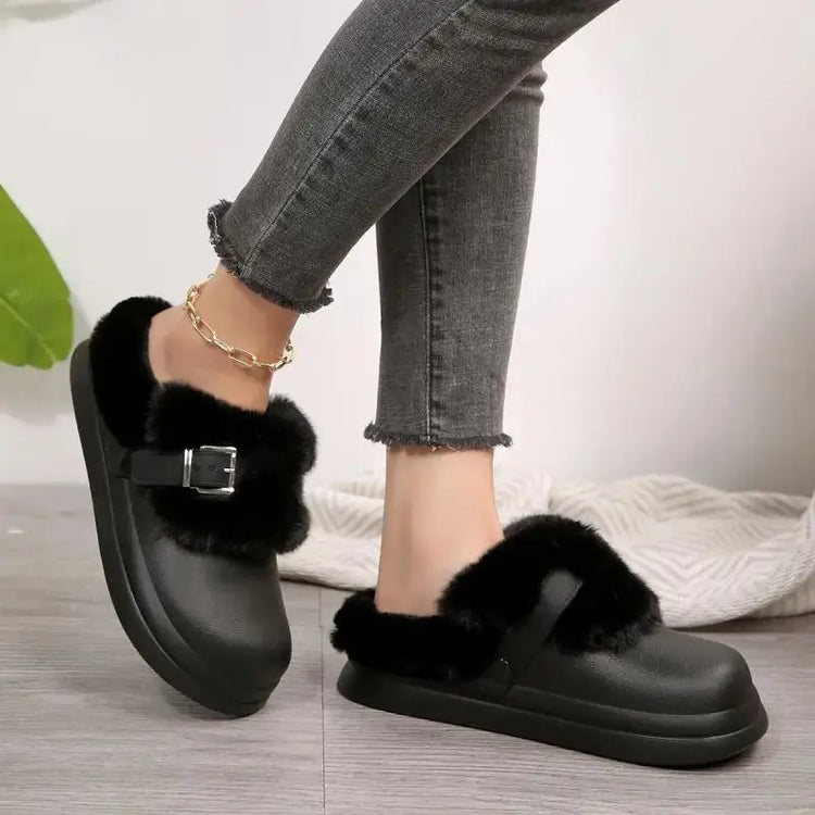 Thick Bottom Furry Clogs Women 2025 Winter Metal Buckle Waterproof Eva Plush Slippers Liebe - Making Life Easier