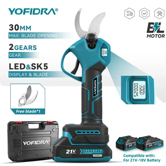 Forbici elettriche per potatura YOFIDRA 30mm senza spazzole, 2 velocità, senza fili, per potatura alberi, compatibili con batteria Makita 21V.