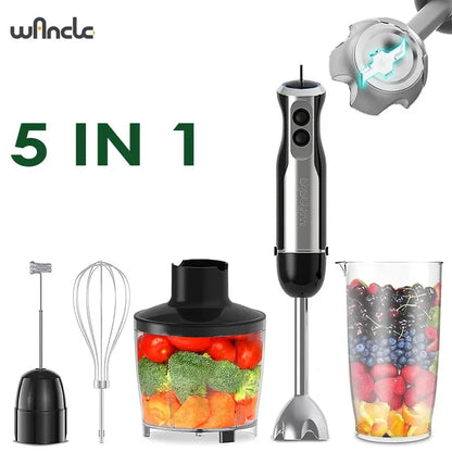 Wancle Frullatore a immersione 5 in 1 Frullatore elettrico portatile da 1000 W per frullati da cucina Frusta per uova Robot da cucina Spina UE/Regno Unito
