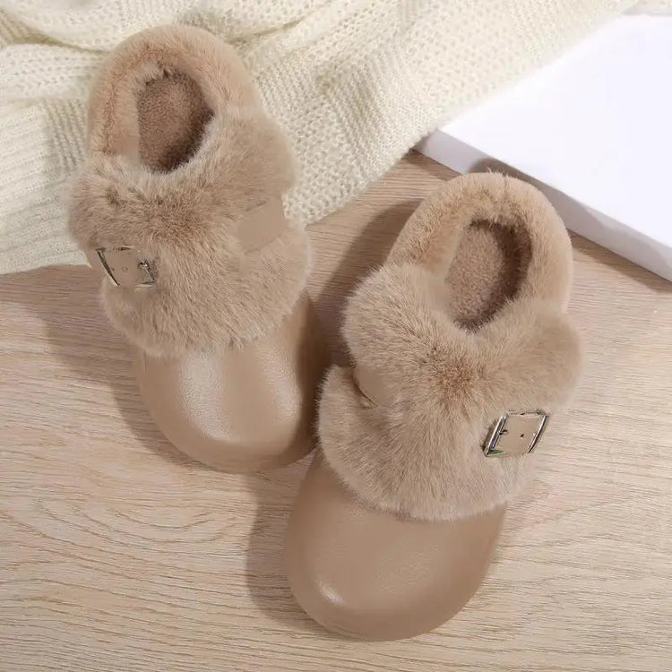 Thick Bottom Furry Clogs Women 2025 Winter Metal Buckle Waterproof Eva Plush Slippers Liebe - Making Life Easier