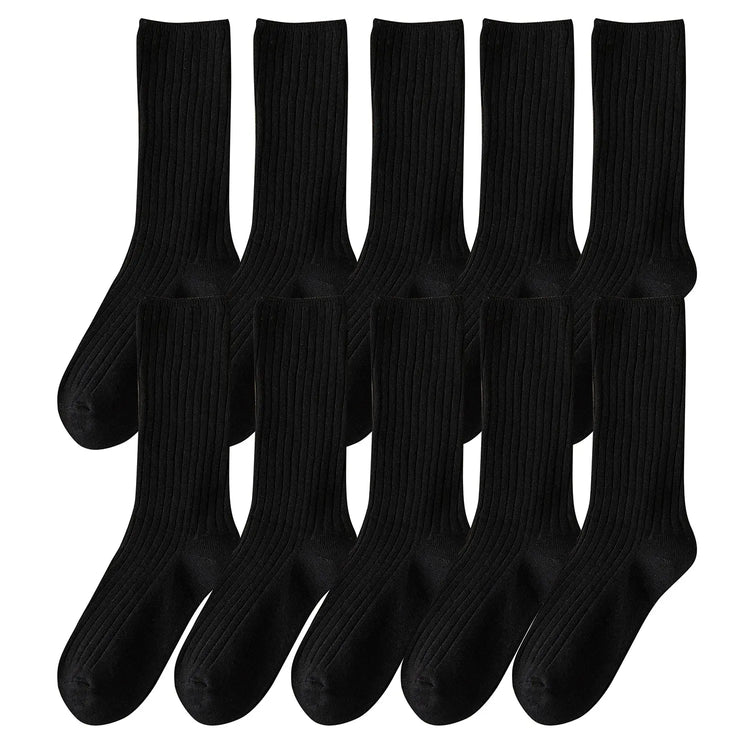 Women Cotton Loose Socks 10Pairs Retro Knitting Solid Color Long Black Liebe - Making Life Easier