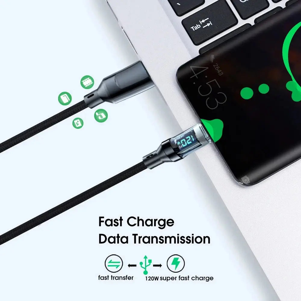 Cavo da 120 W da tipo C a tipo C Cavo di ricarica super veloce per telefono con display a LED Cavo dati da USB a tipo C per huawei oppo vivo - My Hashtag Shop