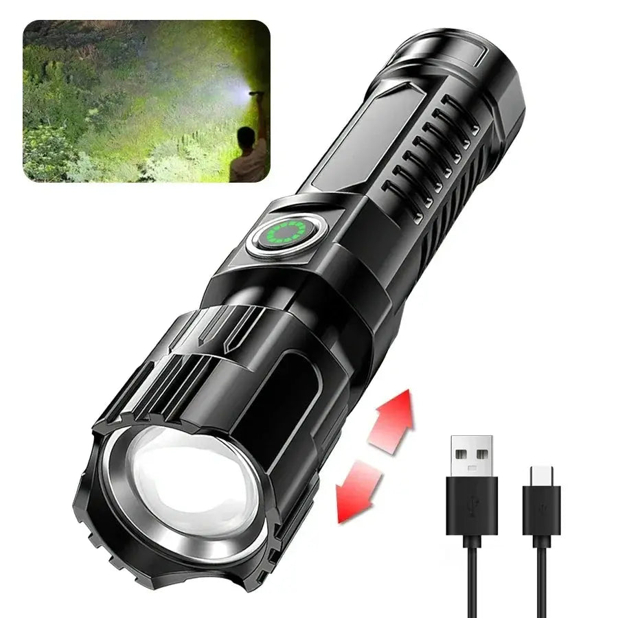 Torce a LED ad alta potenza Torcia tattica da 2000LM con luce display Ricarica USB Lanterna con zoom di emergenza per pesca da campeggio - My Hashtag Shop