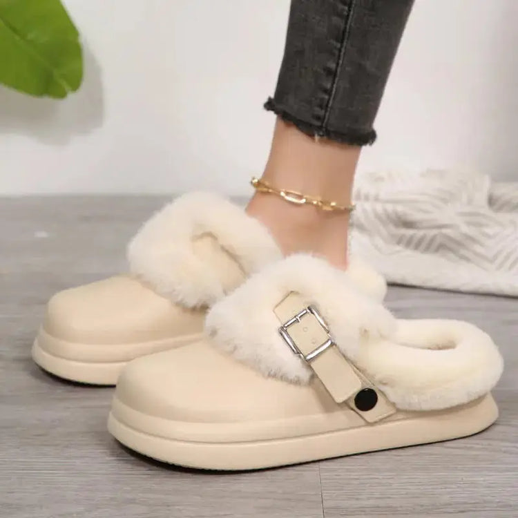 Thick Bottom Furry Clogs Women 2025 Winter Metal Buckle Waterproof Eva Plush Slippers Liebe - Making Life Easier