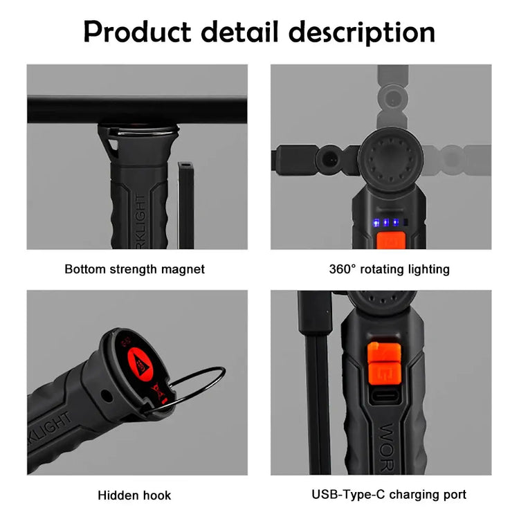 Luci da lavoro ricaricabili Torcia pieghevole a LED con base magnetica COB Light 360 ° Ruota il campeggio di emergenza del garage domestico di riparazione auto - My Hashtag Shop